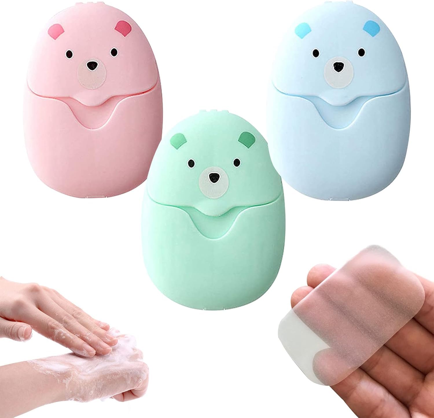 Savon en Papier Jetable, Boîte de 3 Mini Savons en Papier Portables, Savon Jetable Portable Feuille, 150 Feuilles de Savon en Papier Flocons de Savon pour Voyage, Camping(Vert/Bleu/Rose)