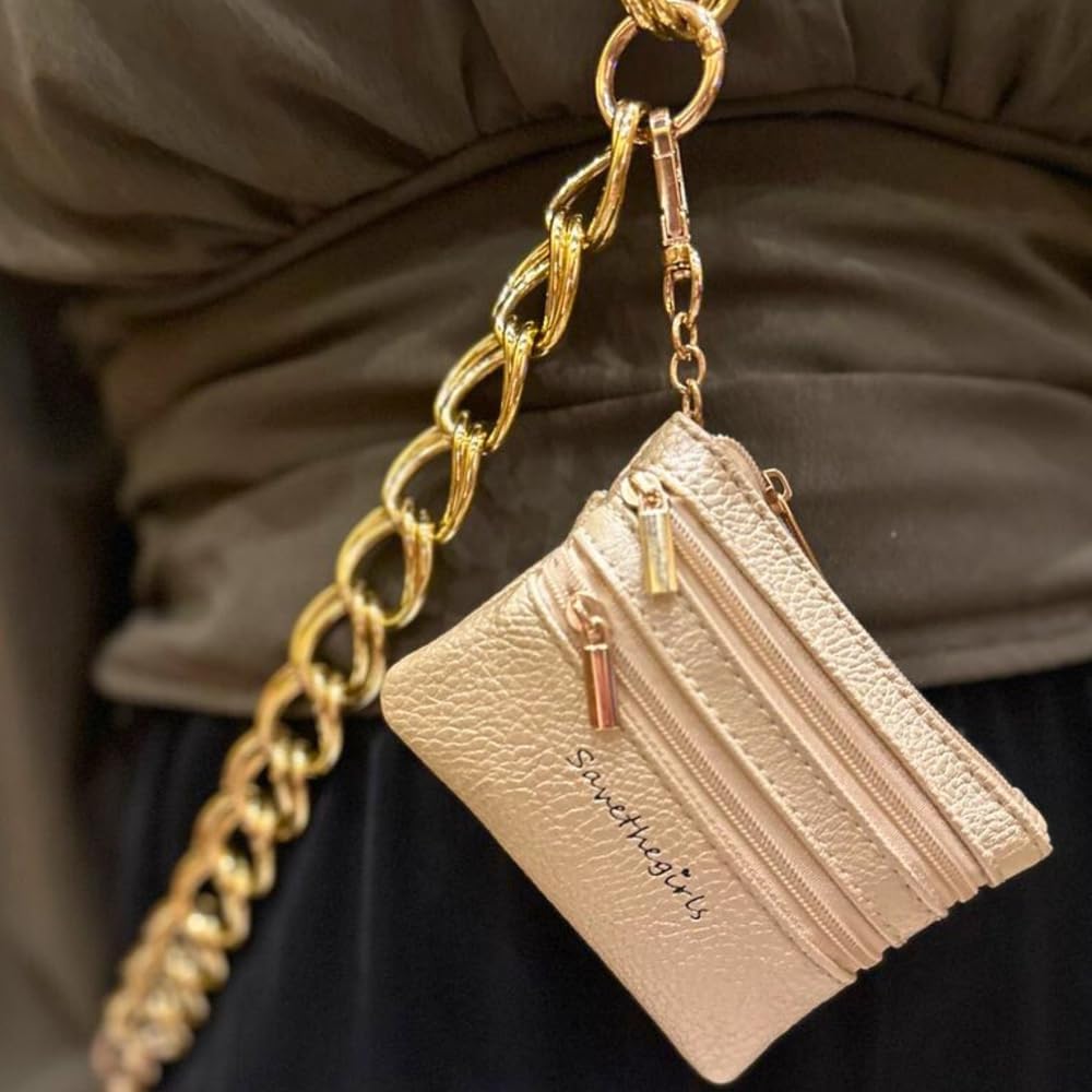 Save the Girls Clip and Go Double Link Chain (Gold - Gold Pouch) – Stylish Phone Lanyard Crossbody with Wallet for Women, Hands-Free Carrying and Adjustable Crossbody Chain Strap
