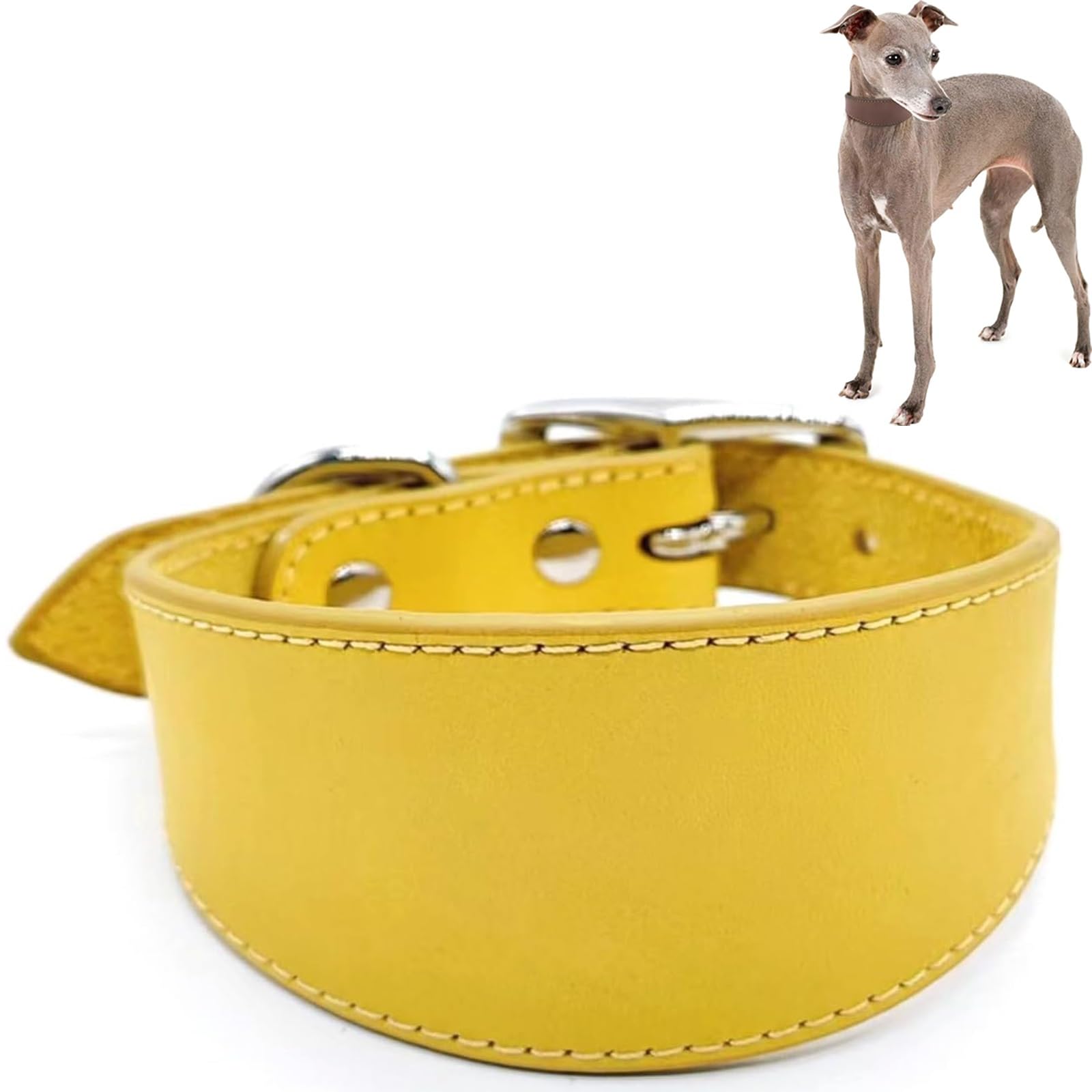 Wide Padded Leather Dog Collar for Italian Greyhound & Whippet, Adjustable Soft Pet Collar with Heavy Duty D-Ring for Daily Walking & Outdoor Use(Yellow,S)
