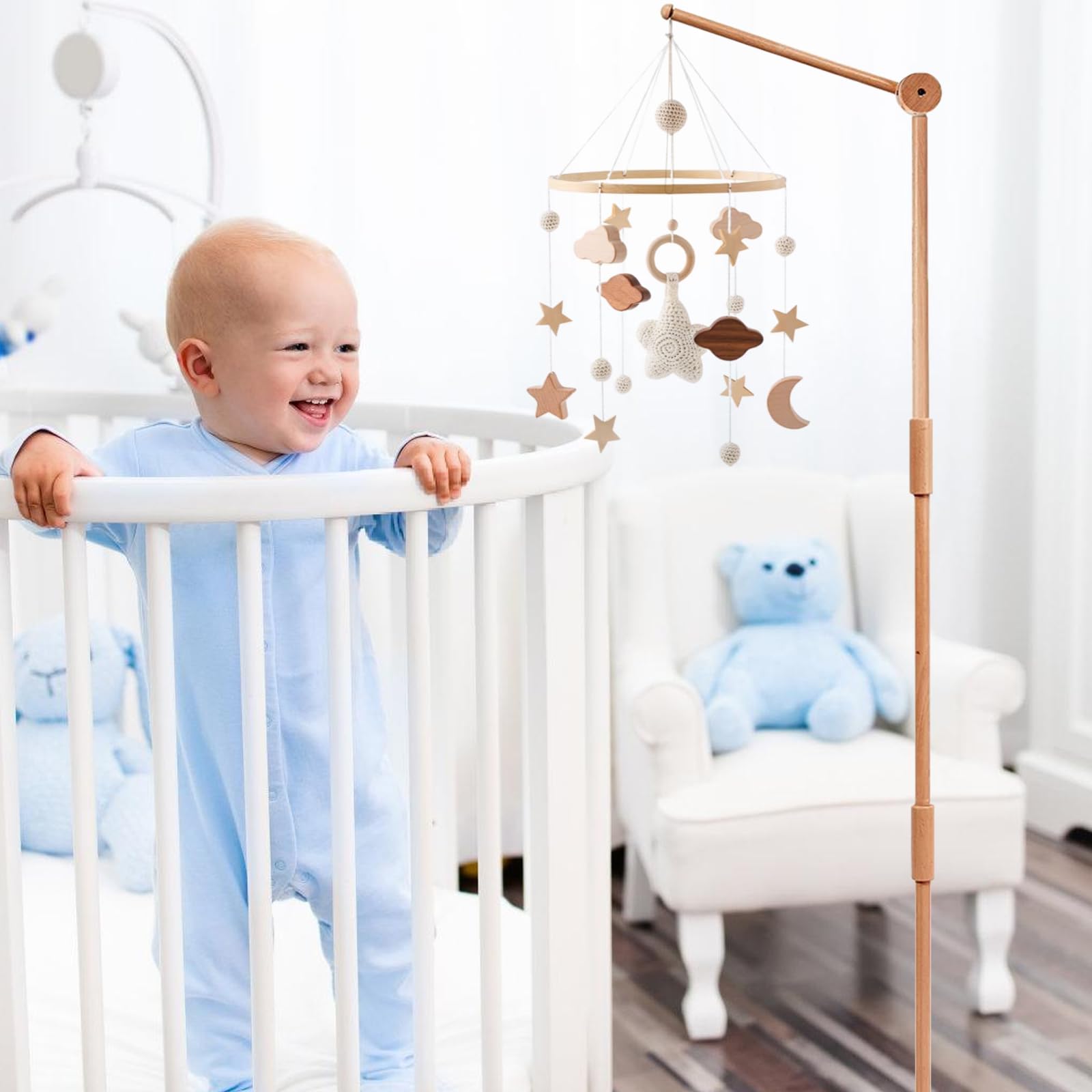 PORFOYO Mobile Halterung Holz, 1.6 M Minimalistisches Design Babybett Mobile Halterung, Stabile Struktur Holz Mobile Halterung Wickeltisch, Universelle Verwendung Mobile Halterung Holz