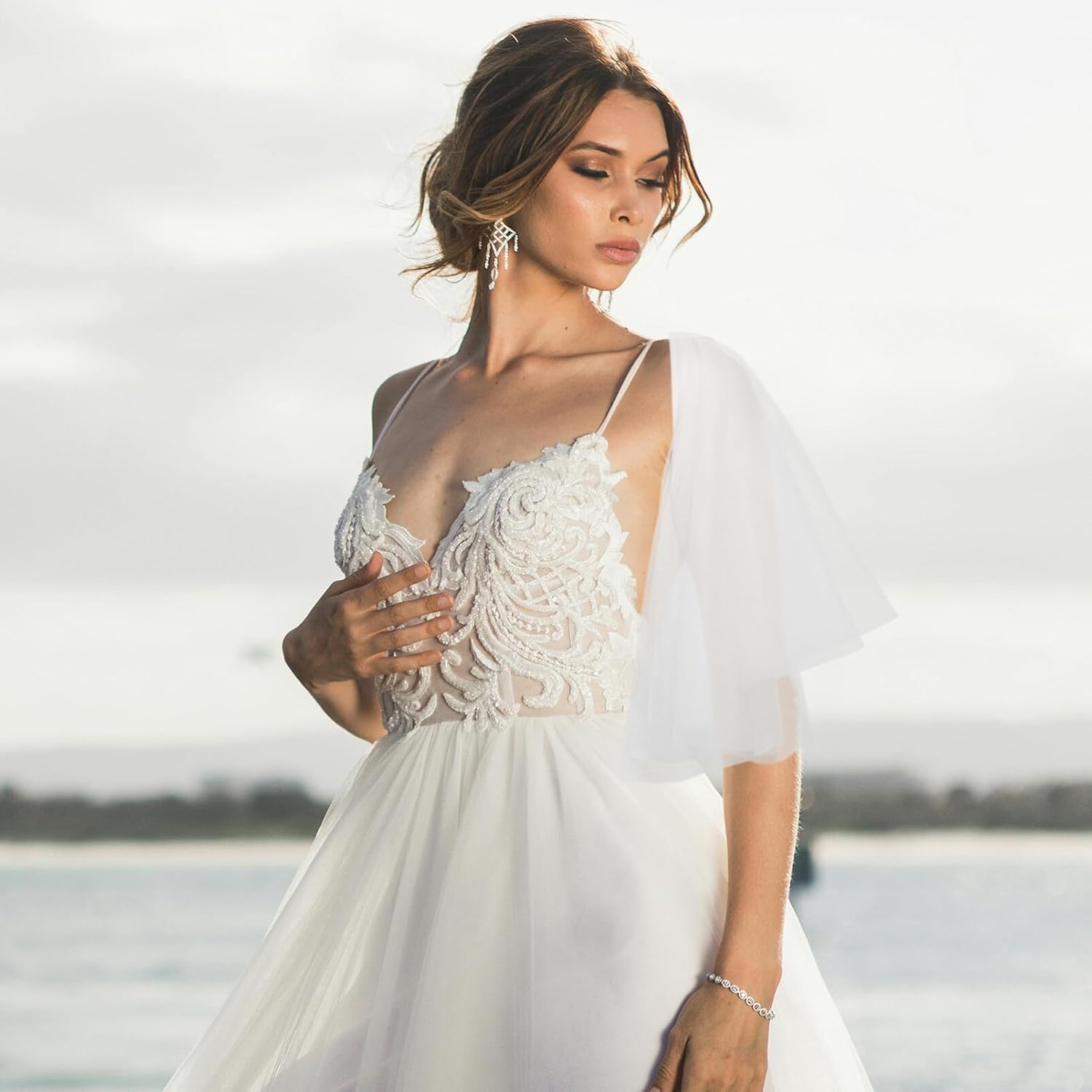 SHERCHPRY Removable Wedding Dress Sleeves Bridal Tulle Mesh Sleeve Head Accessory for Women Detachable Sleeves for Bridal Dresses and Party Wear 2 pcs image 3