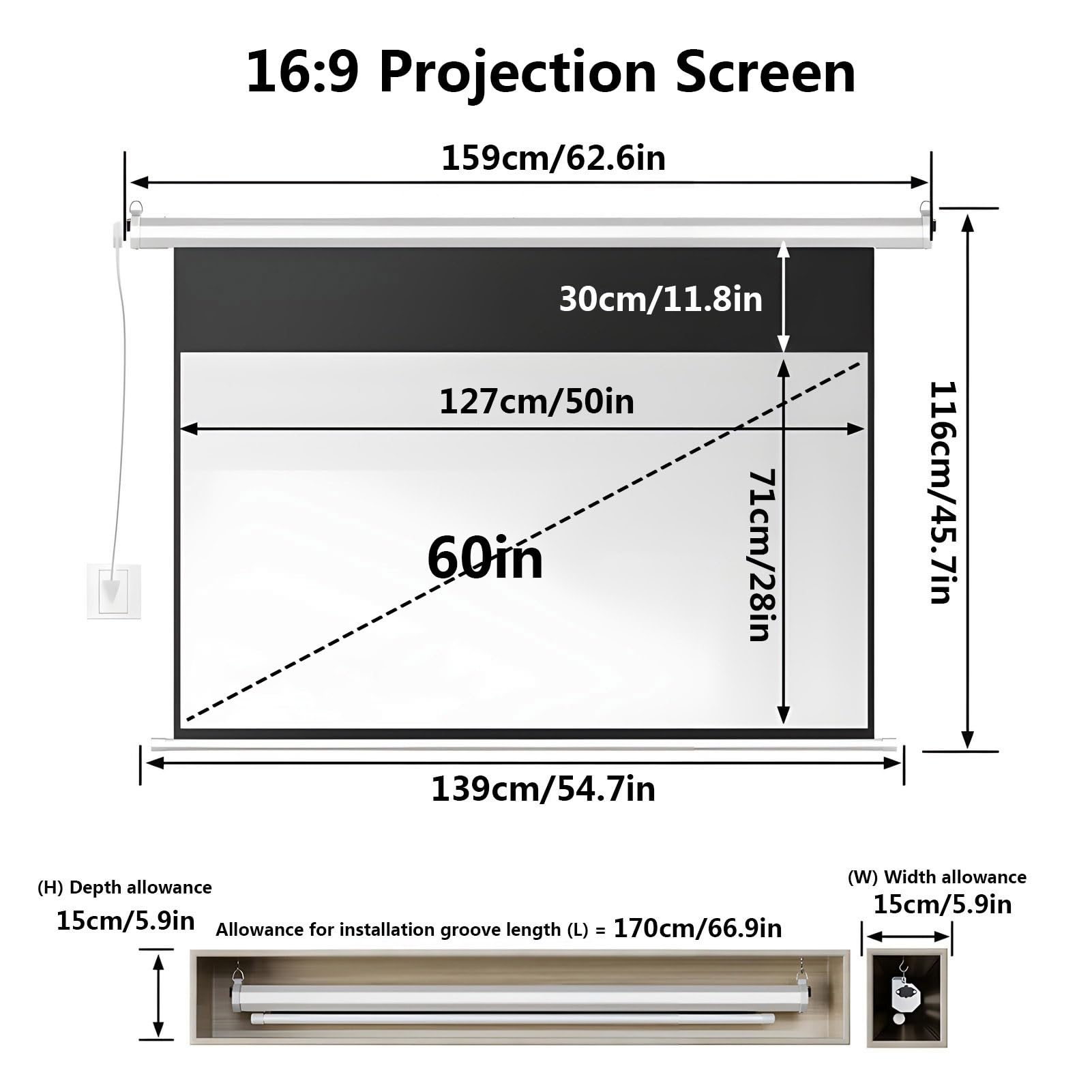 Schermo di Proiettore Motorizzato 4K 3D da 60 Pollici Telecomando Incluso, Schermi di Proiezione Cinematografico 16:9 con Montaggio a Parete/Soffitto