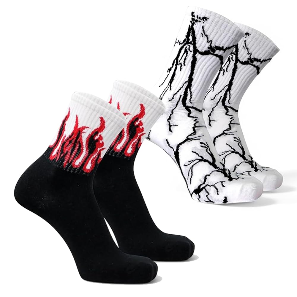 bear & beyond Flame & Lightning Crew Socks for Men & Women | Trendy Street Style Cotton Socks | Breathable Casual Fashion Socks | Soft Stretch Long Crew Socks for, Sports & Sneakers 2 Pair-picture-54