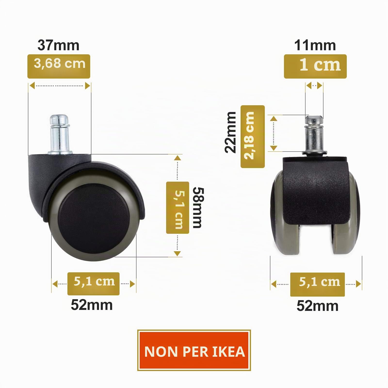 PChero 5 Confezioni Ruote Sedie da Ufficio per Parquet, Universale Standard 11mm x 22mm (7/16" X 7/8"), Supportando Fino a 250kg