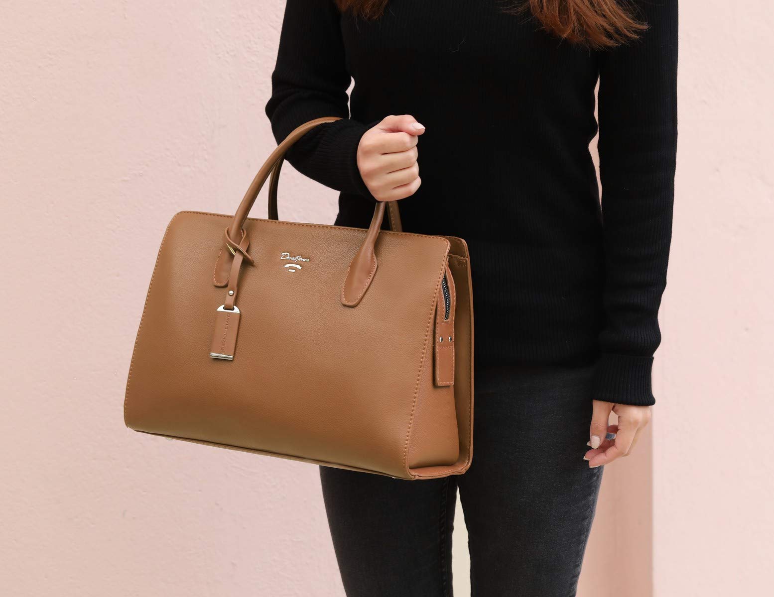 David Jones - Borsa a Mano Elegante Donna - Tote Shopper Bag PU Pelle - Borsa a Spalla Tracolla - Satchel Molte Tasche Scomparti Borsetta Grande - Moda Lavoro Città Ufficio Shopping - Cammello Marrone