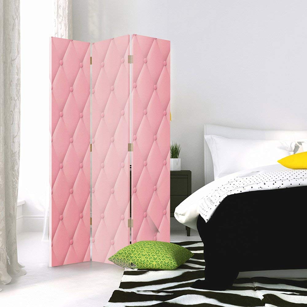 Paravent Décoratif 3 Pans 180x110 Cm - Impression Toile Rose - Séparation D'Espace Chambre/Bureau