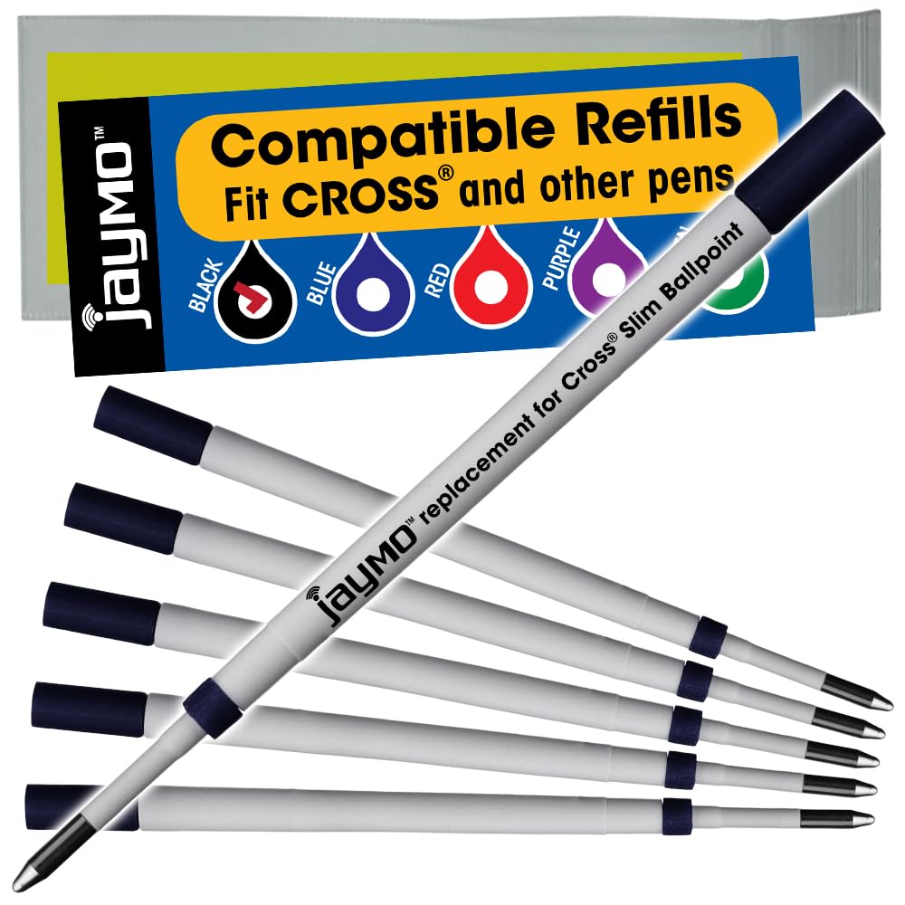 Jaymo Replacement for Cross Slim 8783 - Measures 4 in / 102 mm Long - Ballpoint Pen Refill - 6 Black, Black 6