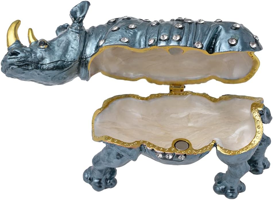 Golden Jeweled Enameled Rhinoceros Jewelry Box, Hand-Painted Hinged Rhino Trinket Box, Elegant Home Décor & Unique Gift for Animal Lovers