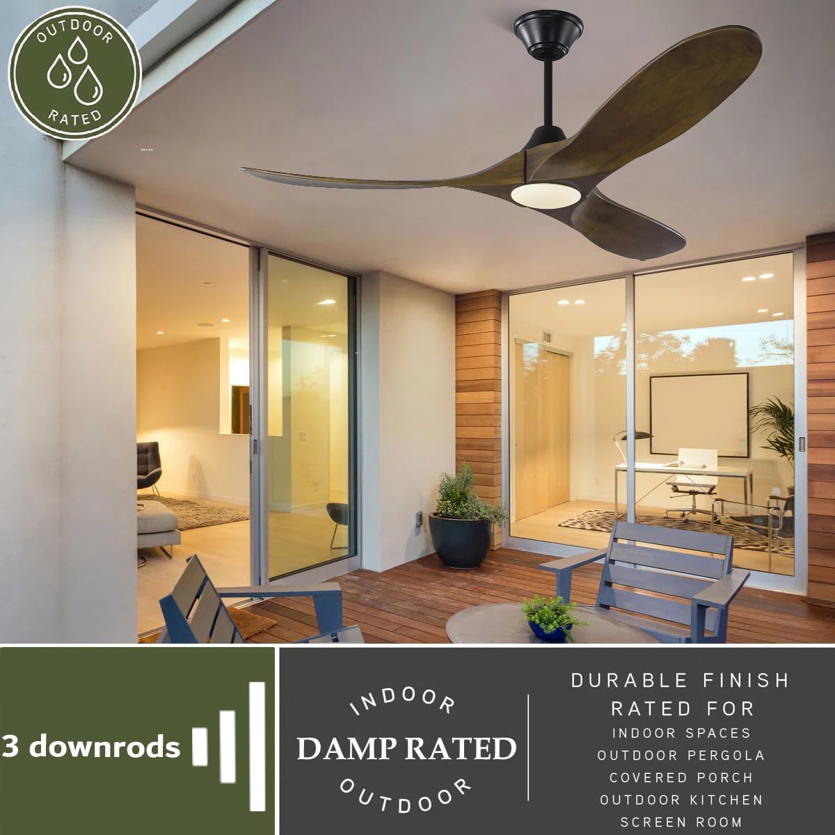 52 Inch Smart Outdoor Patio Ceiling Fan with Light Damp Rated, Rustic Farmhouse 3 Blades Propeller Wood Ceiling Fan with Alexa/Remote/App Control, Large airflow Quiet DC Motor for Indoor Exterior