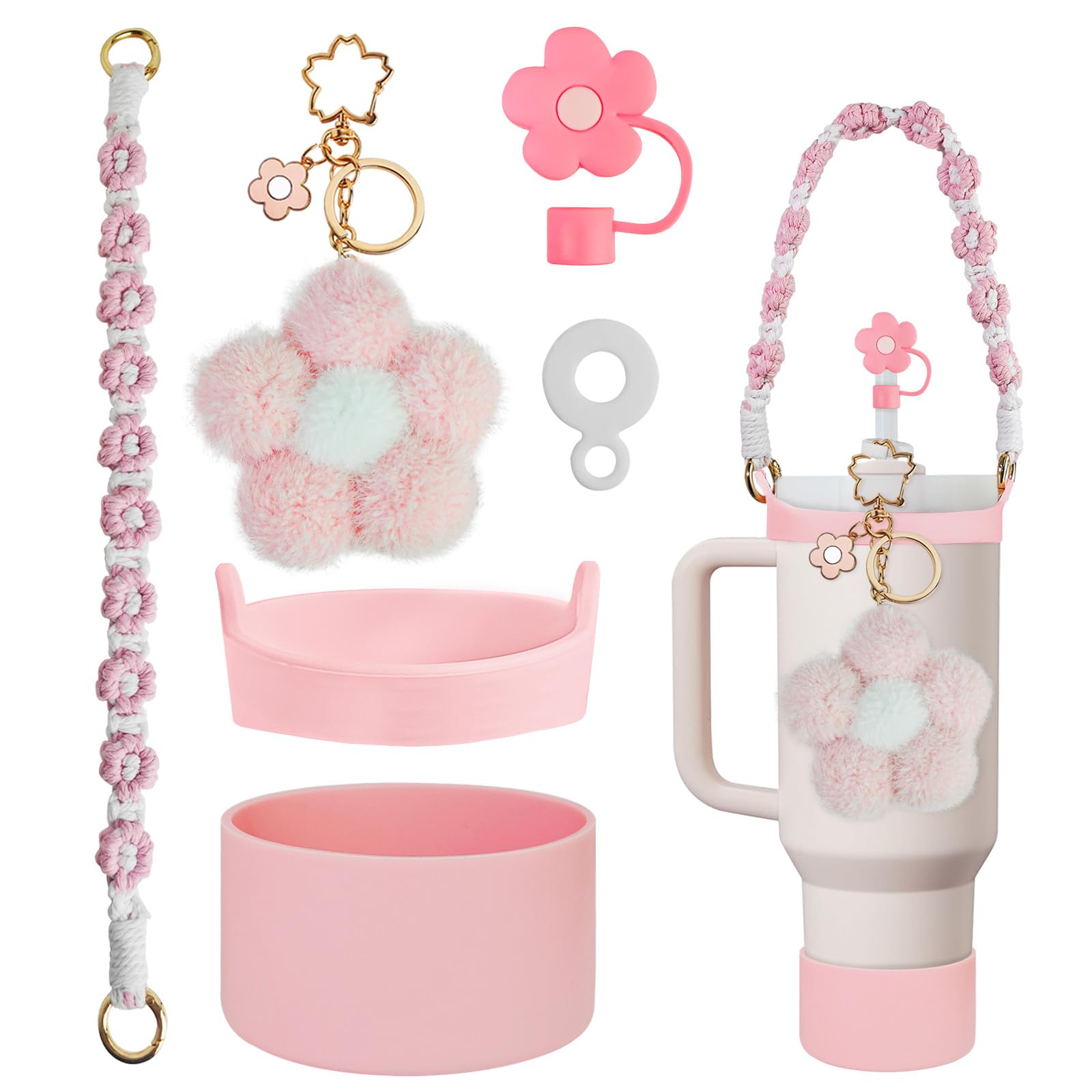 Stanley Cup Accessories Set Including 1 pcs Siliocne Stanley Cup Boot, 1 pcs Siliocne Straw Cover, 1 pcs Water Bottle Handle Strap, 1pcs Stanley Charms for Stanley Cup 40oz & 30oz Tumbler.