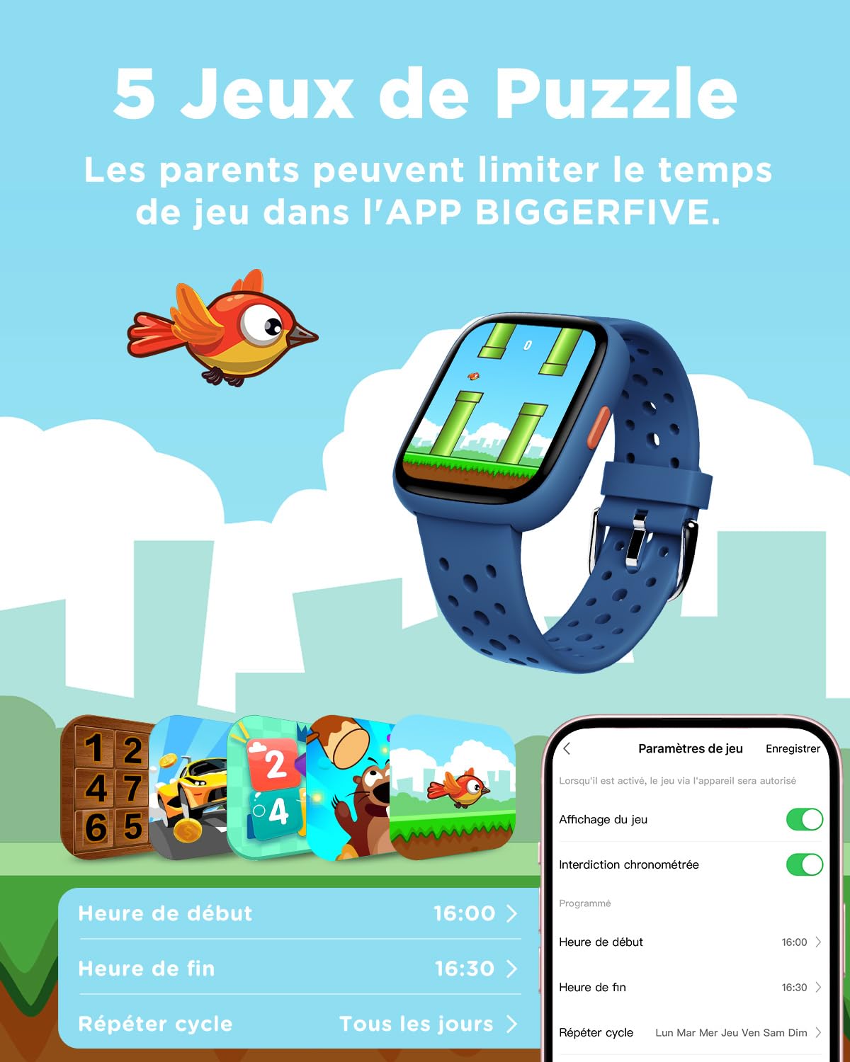 BIGGERFIVE Montre Enfant IP68 Étanche 1,8" Smartwatch Podomètre Cardiofrequencemètre Moniteur de Sommeil Bleu
