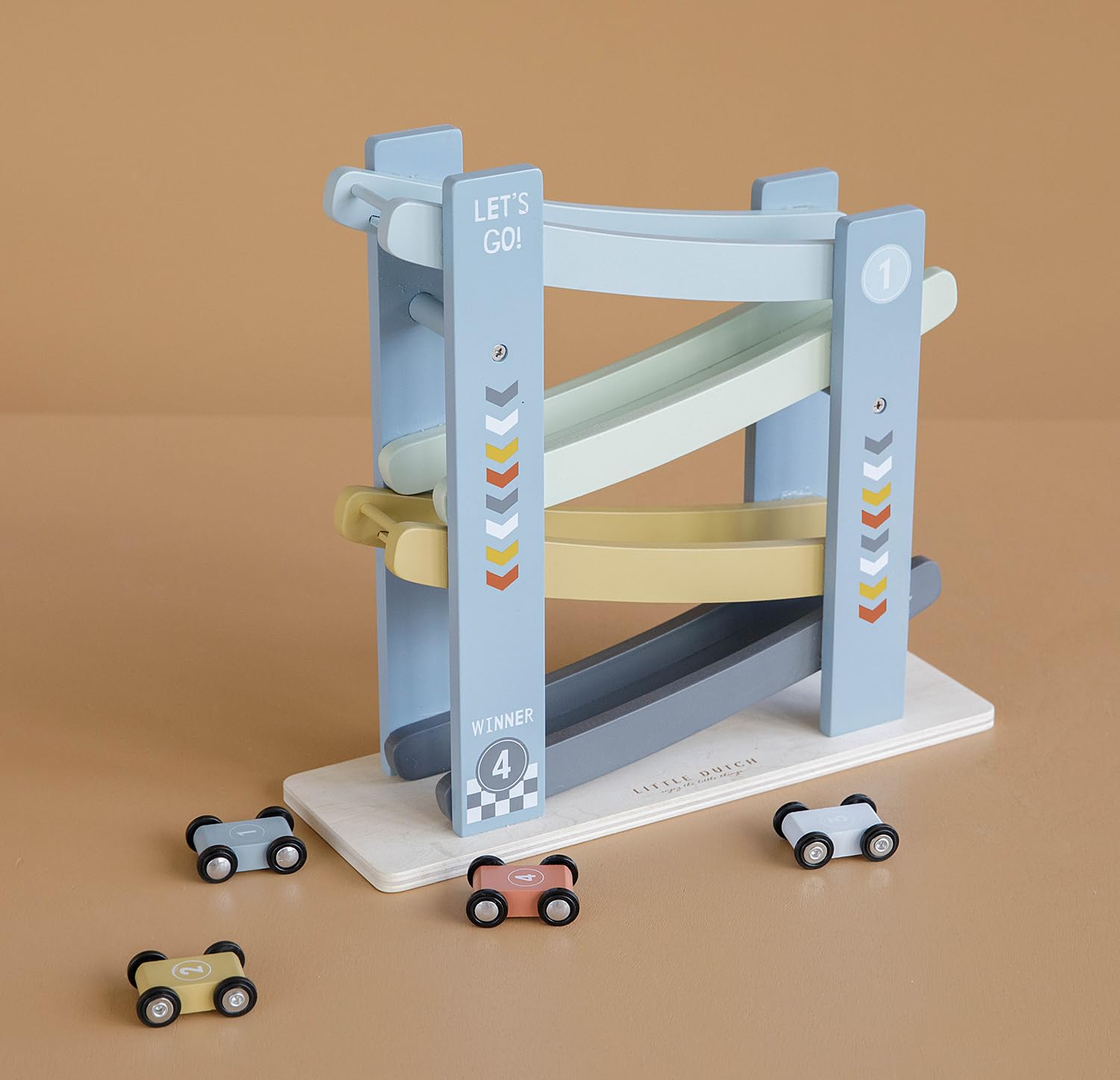 Little Dutch Auto-Rennbahn Kugelbahn aus Holz mit 3 Autos für Kinder - blau