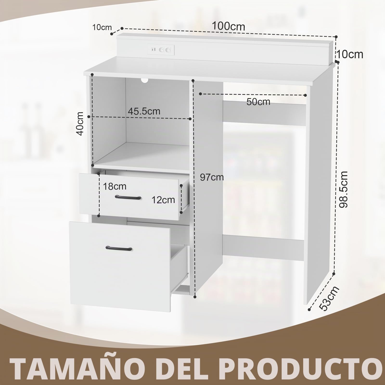 MSFE 2en1 Aparador para Salón/Armario para Mini Nevera, Soporte para Microondas con Tomas, Mueble Auxiliar Salón, Aparador Cocina para Comedor, Entrada, Dormitorio, Crema,100 * 53 * 108.5cm