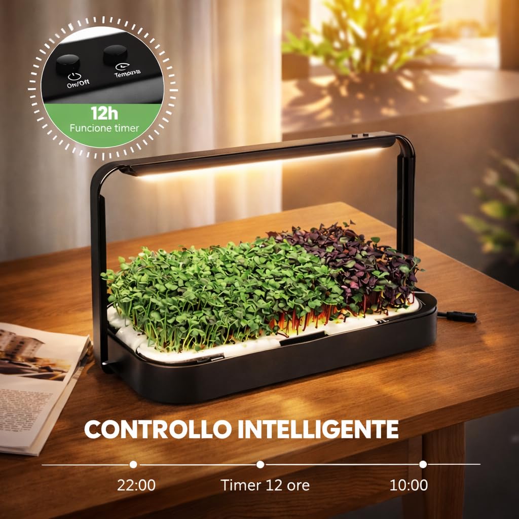 Idroponica Microgreen Indoor con Luce LED Automatica 12h per La CRESCITA OMOGENEA - Kit Idroponico Auto Irrigante con Sacchi Biodegradabili - Mini Serra Compatto per Casa - Capacità 1kg