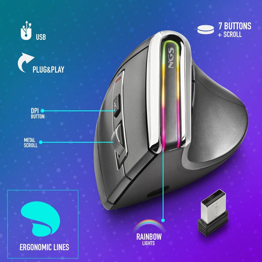 NGS EVO KARMA - Mouse Verticale Ergonomico Senza Fili, Ricaricabile, 5 Pulsanti Silenziosi+Scorrimento, Sensore ottico: 800/1200/1600/3200 DPI, 2.4GHz USB + Bluetooth 3.0 + Bluetooth 5.0, Plug&Play
