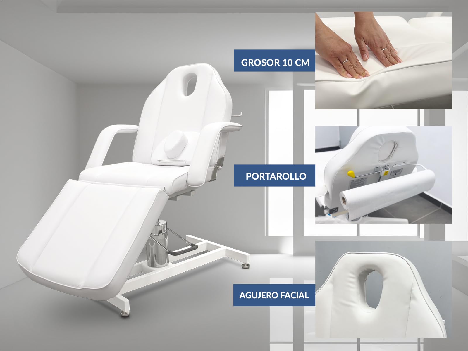 QUIRUMED Sillón hidráulico Pro, 3 cuerpos, Color Blanco, Estructura metálica, Giratorio 360º, Reposapiés Ajustable, Agujero Facial, Reposabrazos extraíbles, hasta 200 kg