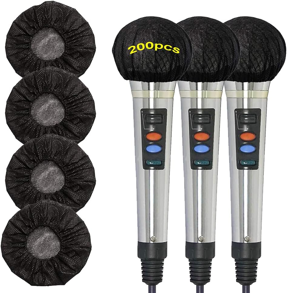 200 Pcs Disposable Microphone Cover, Non-woven Handheld Microphone Windscreen with Elastic Band, Clean and No-odor Mic Covers for KTV, Interview, Recording Studio, Performance, Speech (Black)