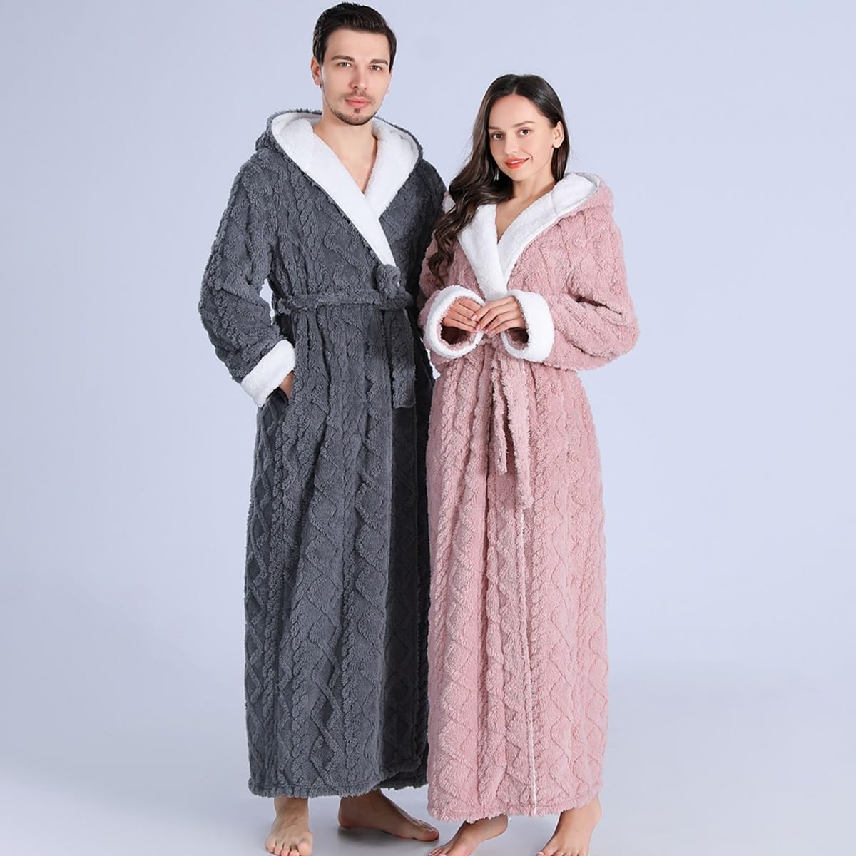 Damski Pluszowy Polarowy Szlafrok Z Kapturem Miękki Długi Szlafrok Spa Męskie Wygodne Szlafroki Ciepły Płaszcz Domowy Bielizna Nocna Koszula Nocna(/Gray,XL women)