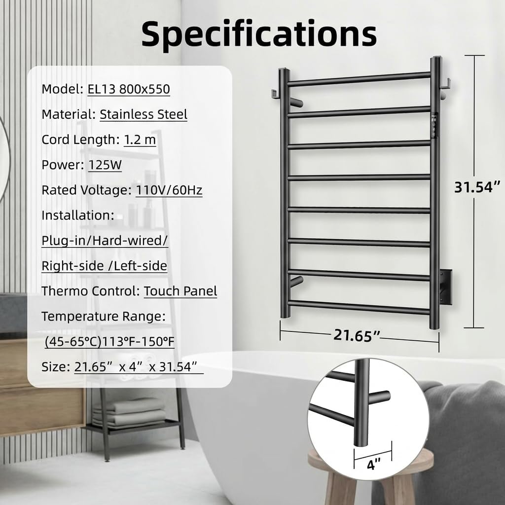 P&Dlusir Towel Warmer, Heated Towel Rack with Smart Timer and Thermo Control, Wall-Mounted Heated Towel Rail, Stainless Steel, Hard-Wired/Plug-in, Matte Black, 8 bar