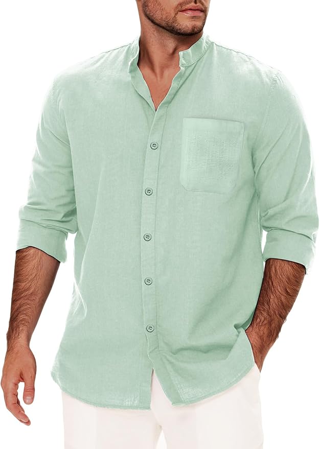 Amazon.com: Mens Linen Button Down Shirts Long Sleeves Summer Beach ...