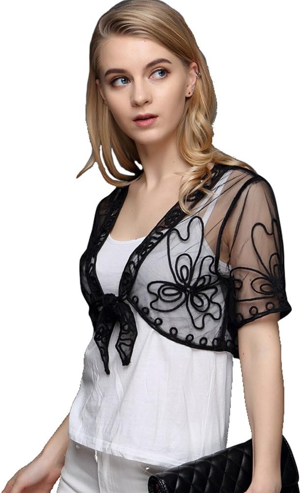 JJT Bolero Blazer Lace Jacket Shrug Shrugs For Women Evening Dresses Short Sleeve Black