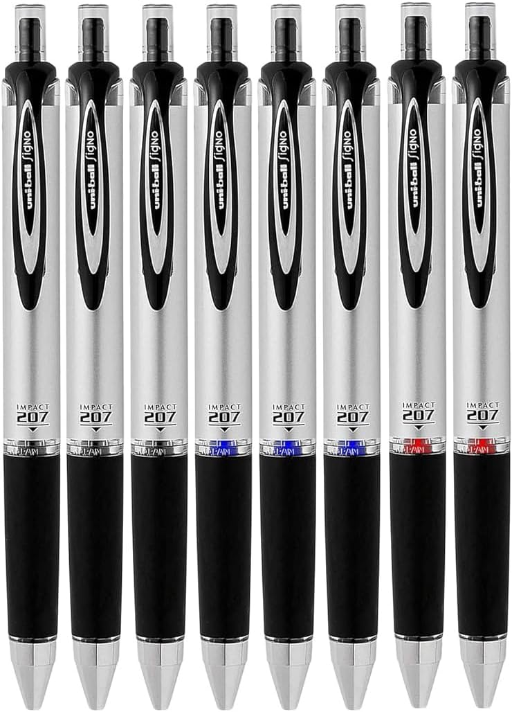 207 Impact RT Retractable Gel Rollerball Pen, Bold Point (1.0mm), Assorted Colors, Black/Blue/Red Ink, 8 Count, Bundle with Plastic Reusable Pouch