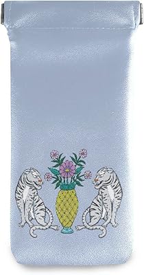 susiyo Vintage Twin Tigers with Flower Vase Glasses Case Portable Microfiber PU Leather Soft Sunglasses Bag Eyeglasses Pouch Holder Squeeze Top for Women Men