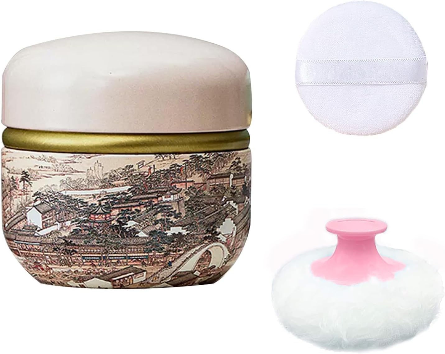 Body Powder Puff and Container for Dusting Powder, Women Powder Puff and Powder Case for Bath and Travel (Ancient City)