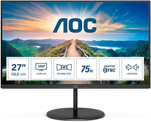 AOC U27V4EA - 27 Inch 4K UHD Monitor, 60Hz, 4ms, IPS, Adaptive Sync, Speakers, FlickerFree (3840x2160 @ 60Hz, 350cd/m², HDMI 2.0 x 2, DisplayPort 1.2 x 1)