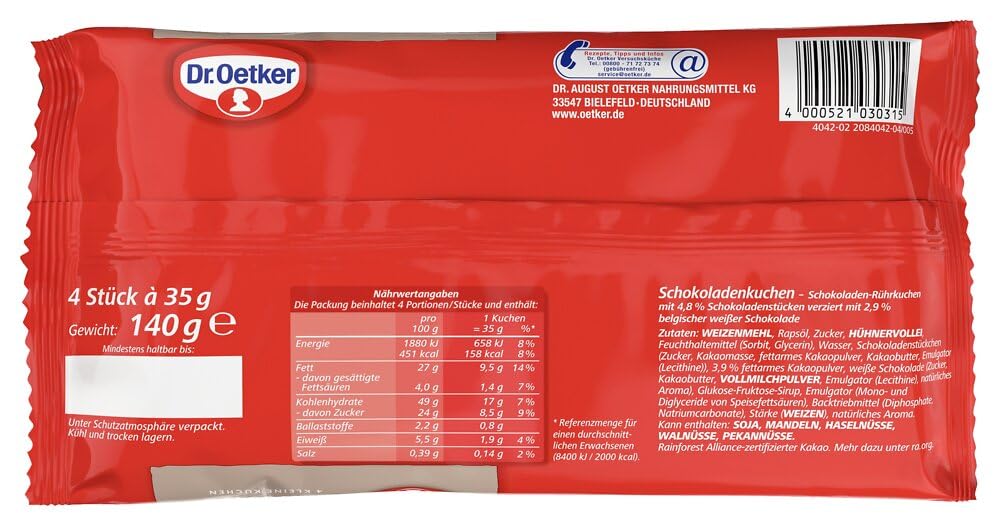 Dr. Oetker fertige kleine Schokokuchen 5er Pack, jeweils 4 Kuchen à 35 g, Mini Rührkuchen verziert mit belgischer weißer Schokolade, einzeln verpackt, sofort verzehrfertig, ideal für unterwegs