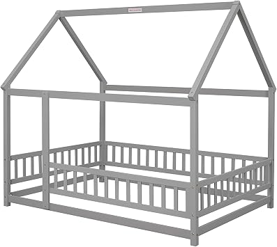 Full Size House Floor Bed with Roof Fence Guardrails Easy Assembly Multifunctional Playhouse Bed for Kids Boys Girls Teens 202 x 152 x 187cm Grey