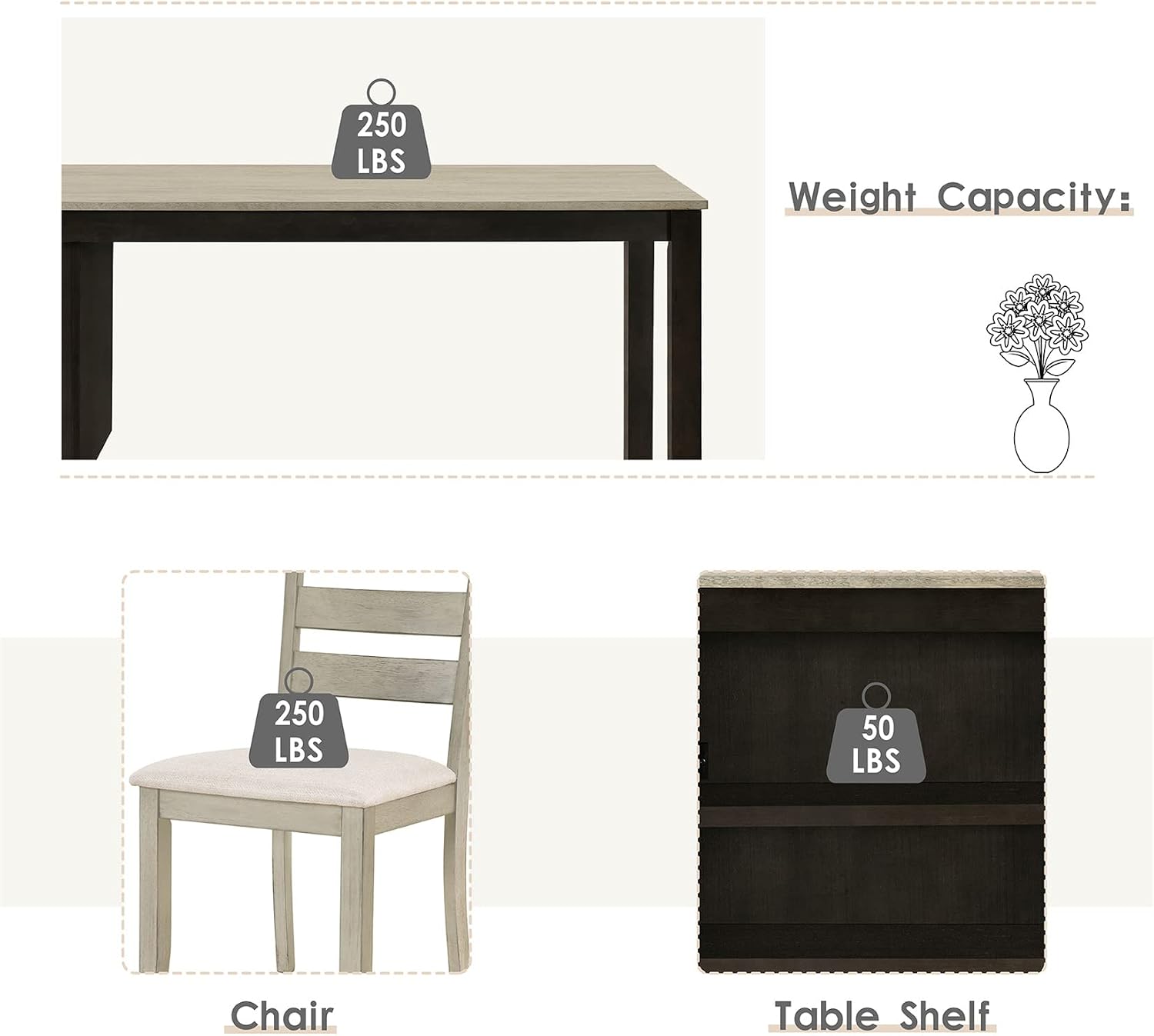 Bellemave 5-Piece Dining Table Set with 2-Tier Storage Shelves Wood Rectangular and 4 Padded Chairs Farmhouse for Four Persons Ideal Kitchen, Bistro Bar Table, Beige, 5 pieces