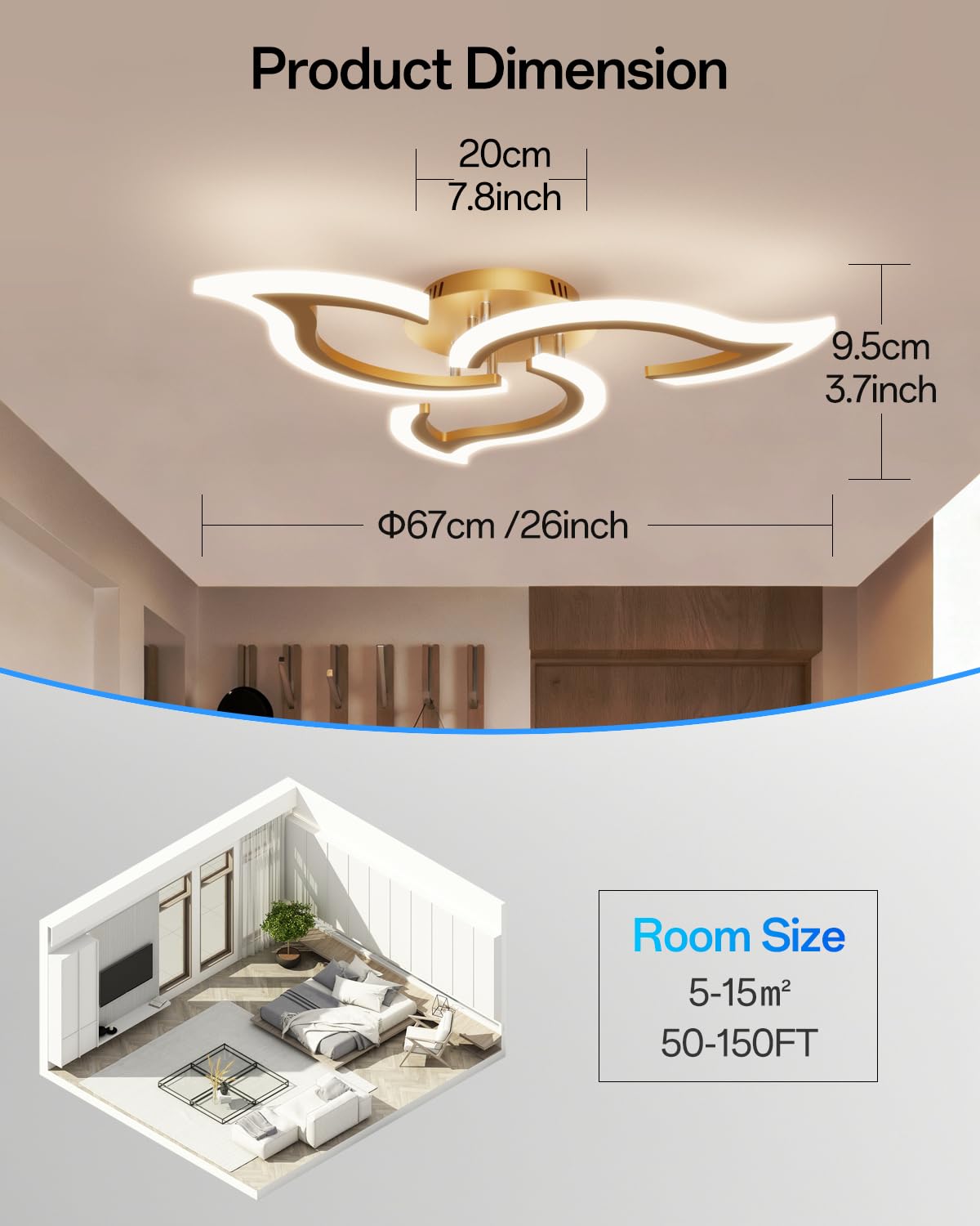 LED Deckenleuchte Smart WLAN, Dimmbare Deckenlampe in Modernem Blumendesign, mit Fernbedienung & App-Steuerung, Kompatibel mit Alexa/Google Home, Gold