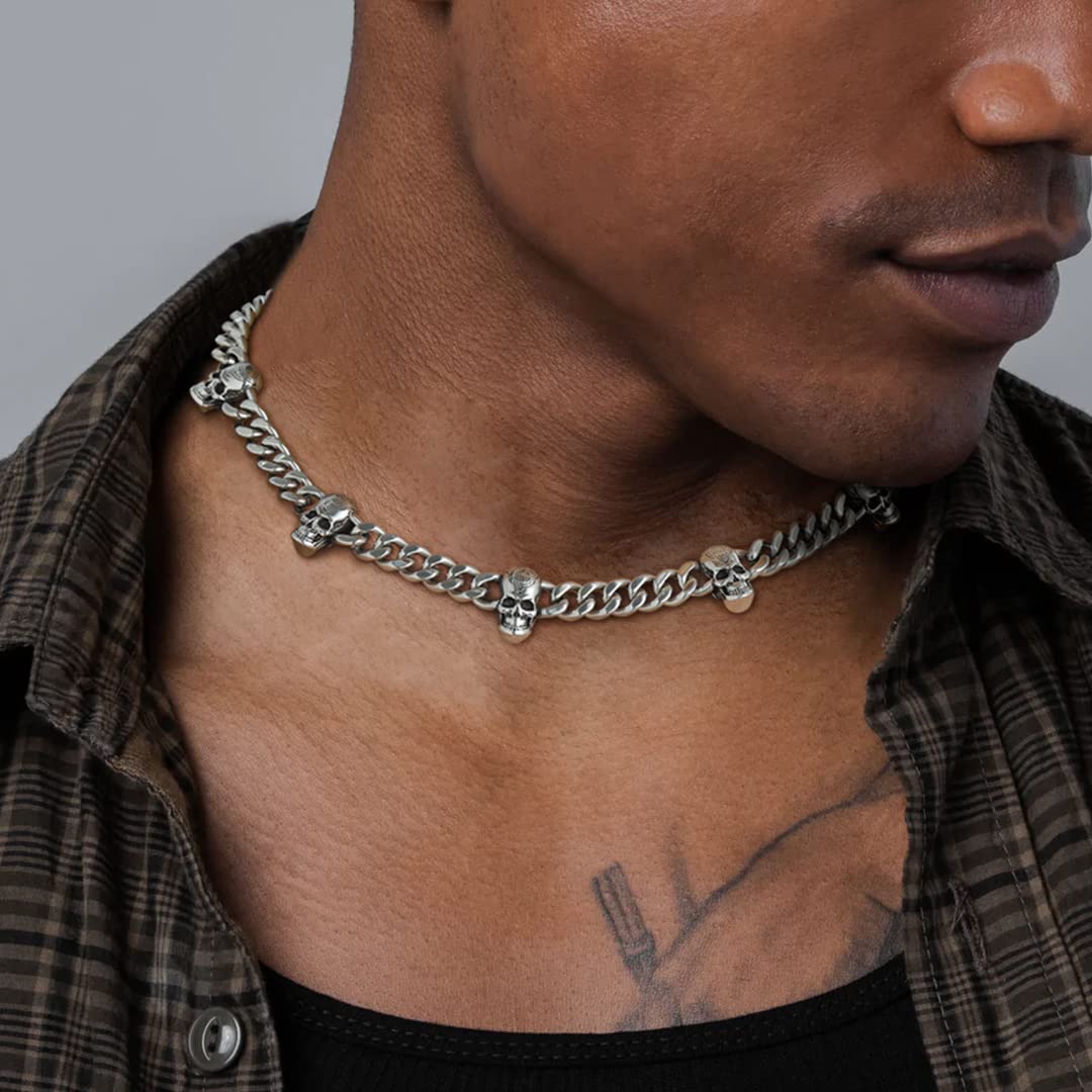 ChainsHouse Collana Catena Spessa da Uomo Metal Choker Collana Cubana Classcia con Spina Teschio StileTribale Punk Rock Gotico Larghezza 9mm Collana Corta Figo Hiphop Moda