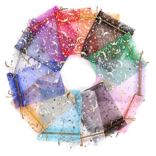 オーガンジー 巾着袋 小 巾着バッグ 巾着ポーチ 星 月 カラフル 透明 収納 ポーチ 小物入れ 小分け袋 結婚式 お土産 ギフトバッグ ランダムカラー 9*12Cm 100枚