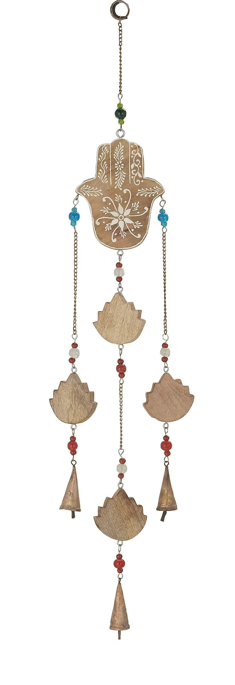 Deco 79 Eclectic Mango Wood Hamas Hand Windchime with Multiple Bells and Lotuses, 5"L x 32"H, Brown