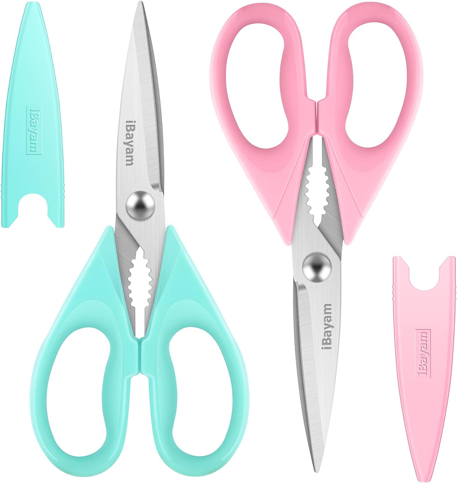 iBayam Kitchen Shears, Kitchen Scissors All Purpose Heavy Duty Meat Scissors Poultry Shears, Dishwasher Safe Food Cooking Scissors Stainless Steel Utility Scissors, 2-Pack, Pastel Pink, Mint Blue