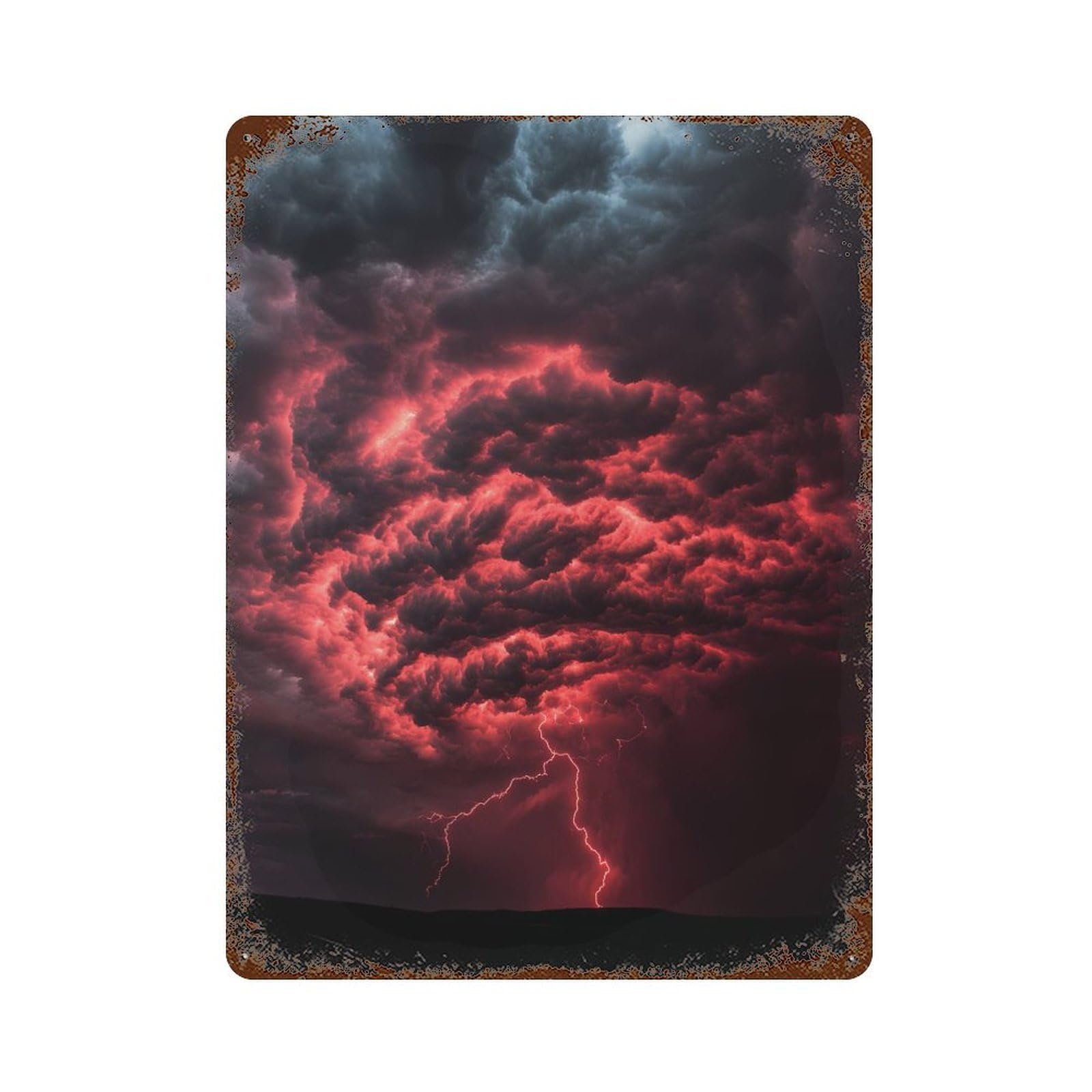 Red Lightning Storm Rusty Metal Tin Sign 15.7"x11.8", for Basement, Hobby Room And Garage Decor, Retro Wall Decor