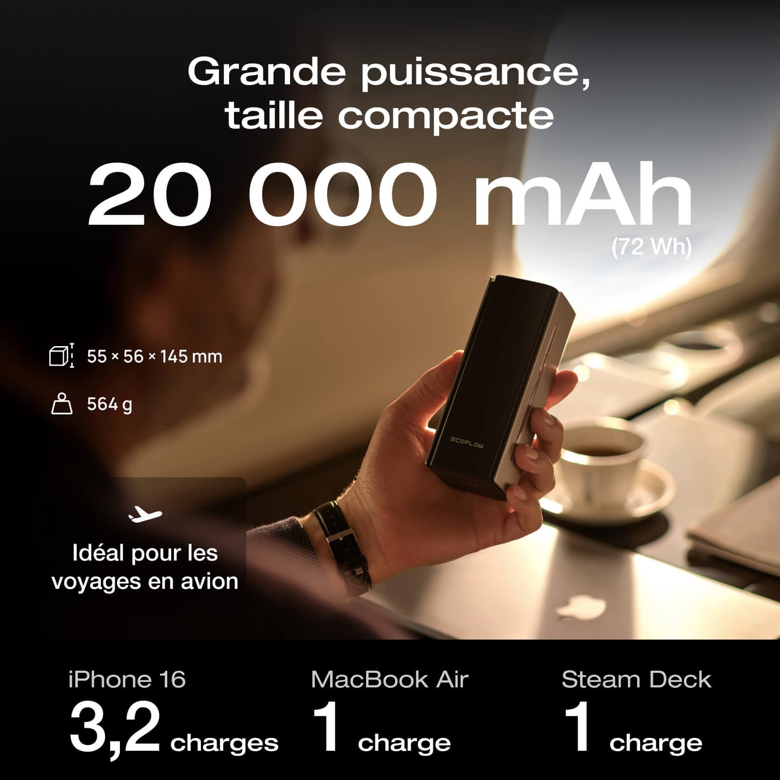 EcoFlow Powerbank Batterie Externe 20000mAh 230W avec 100W Câble Intégré Rétractable, 4 Ports Chargeur Portable USB C Laptop Power Bank PC pour Ordinateurs, iPhone 17/16/15 Pro Max, Samsung, MacBook
