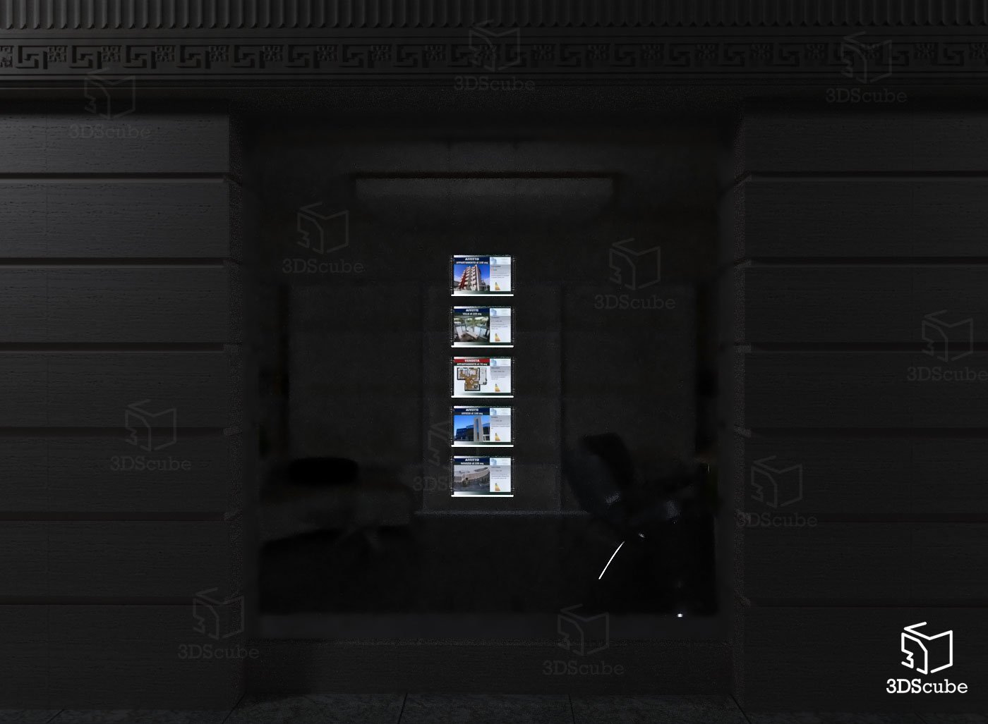 Expositor de Cables Luminoso de una Cara para escaparate EVO LED Kit 1x5 con 5 Carpetas de metacrilato A4 Horizontal, Soporte para anuncios para agencias inmobiliarias, Estudios fotográficos
