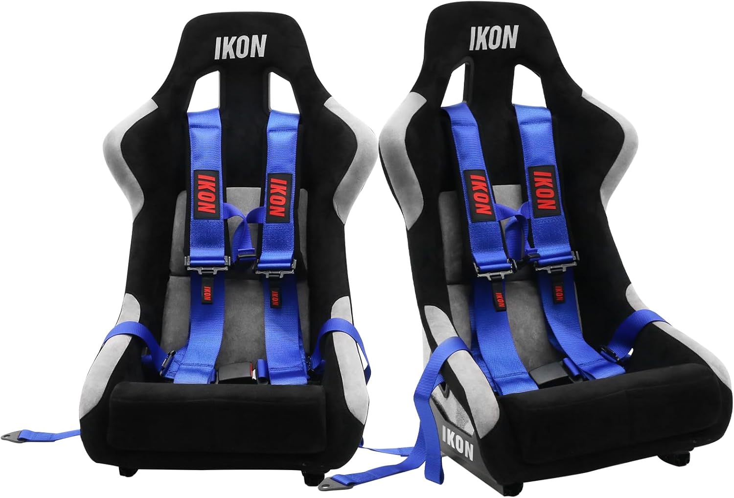 IKON MOTORSPORTS Universal Pair Bucket Seats + 3" Wide Blue Nylon Harness, Silver Black Synthetic Suede & Fiber Glass Racing Seats-Height Adjustable, with Dual Sliders