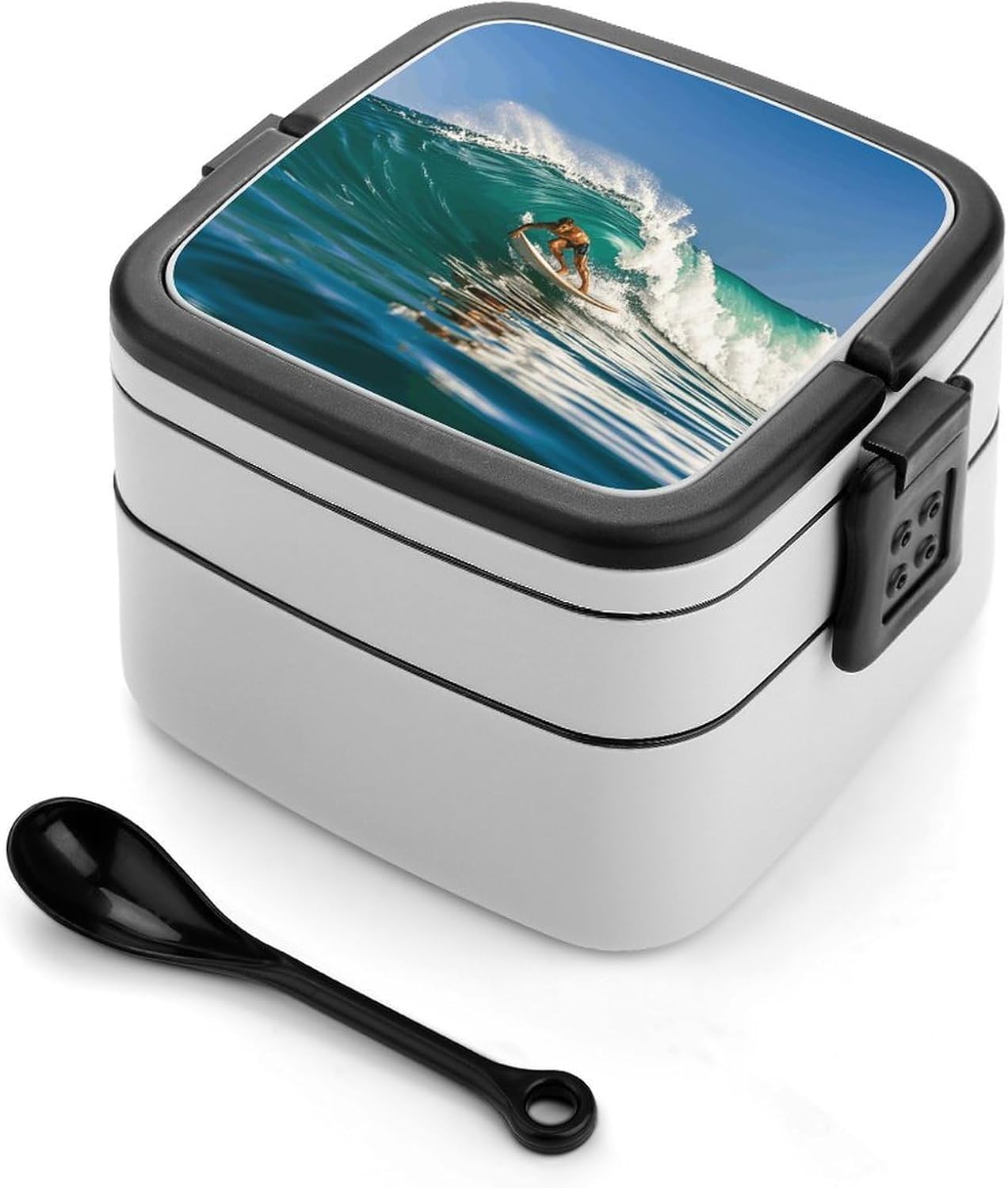 Hawaiian Surfer on Wavy Bento Box with Spoon, 2-layer Stackable Lunch Box Leak Proof with Invisible Handle, Insulated Food Storage for Office, Picnic & Travel Hawaiian Surfer on Wavy Bento Box with Spoon, 2-layer Stackable Lunch Box Leak Proof with Invisible Handle, Insulated Food Storage for Office, Picnic & Travel
