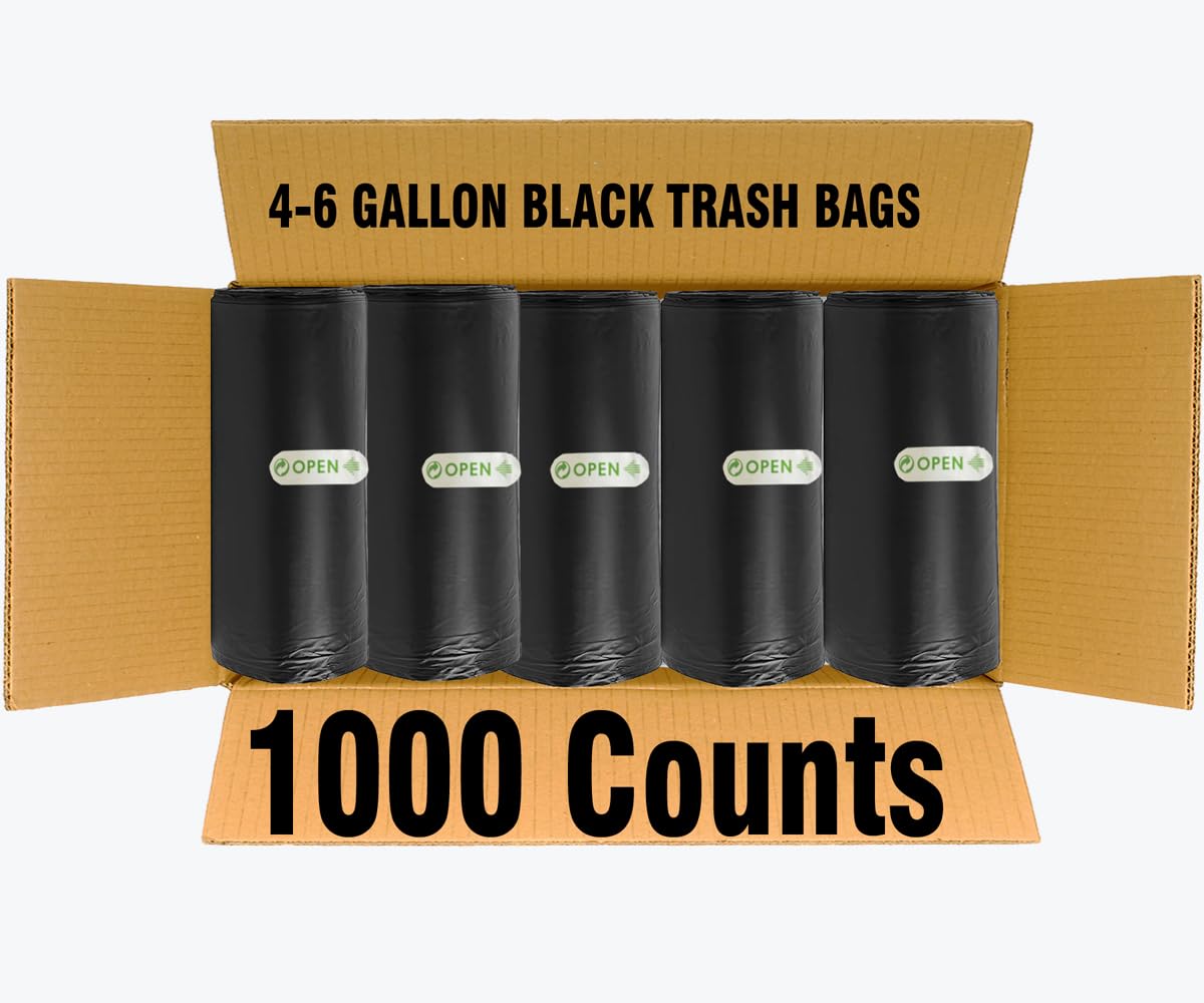 BEIDOU-PAC Bolsas de basura de 4 a 6 galones, paquete de 1000 bolsas de basura negras, bolsas de basura multiusos para baño, oficina, industrial, comercial, limpieza, municipal, reciclaje