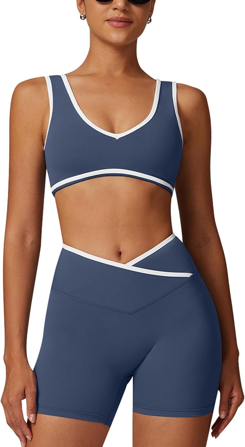 ABOCIW Workout Sets for Women Color Block Sports Bra Crossover Waist Shorts Gym Sets Woman Yoga Pilates Outfits Athletic Work Out Clothes Navy Large