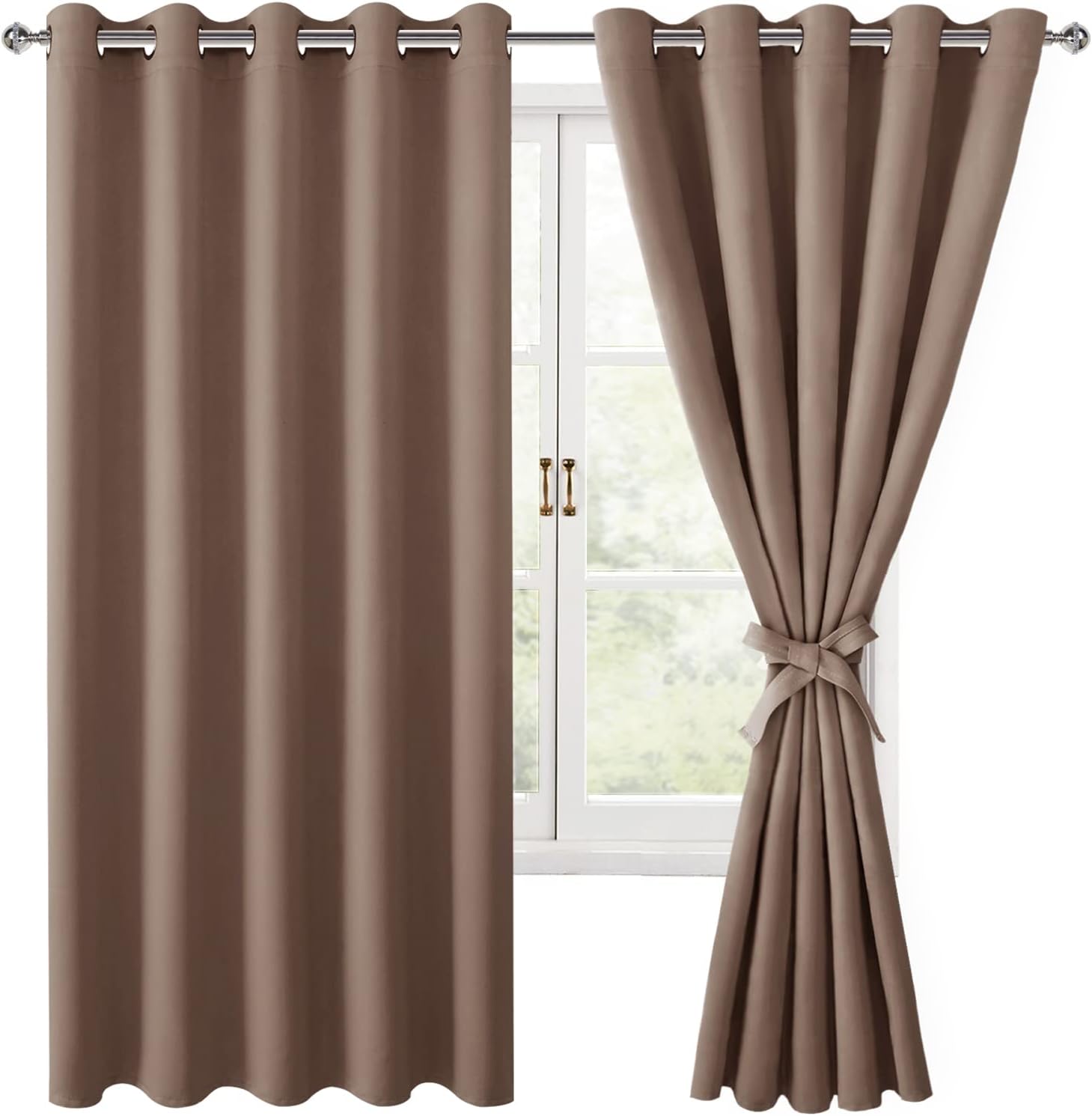 Hiasan Grommet Blackout Curtains for Bedroom, 60 x 72 Inches - Thermal Insulated & Light Blocking Window Drapes for Living Room/Dorm Room, Set of 2 Panels Sewn with Tiebacks, Cappuccino