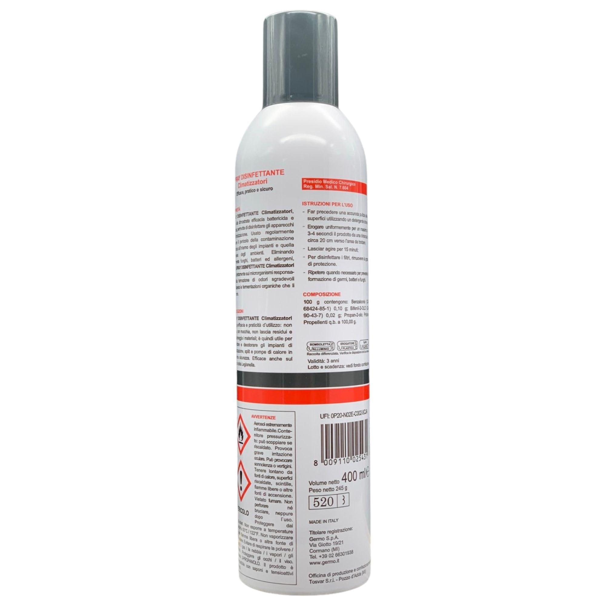 SET: Spray Disinfettante Per CLIMATIZZATORI, Agisce Direttamente Sui Microrganismi Responsabili Della Formazione Di Odori Sgradevoli 400ml + 100pz Guanti HDPE Monouso (2 Spray + 1 Guanti)