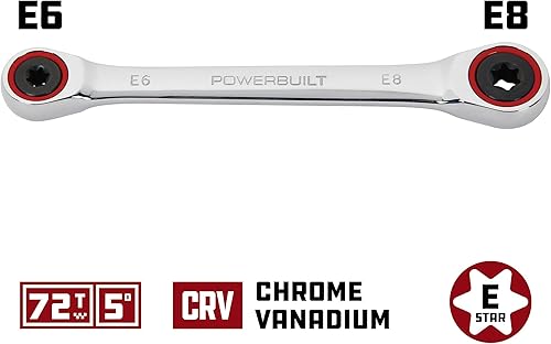 Miniatura 2 de Powerbuilt Llave E-Star E6E8 de doble extremo de caja de trinquete, oscilación de 5 grados, 72 dientes, anillo de color rojo, herramienta de mano