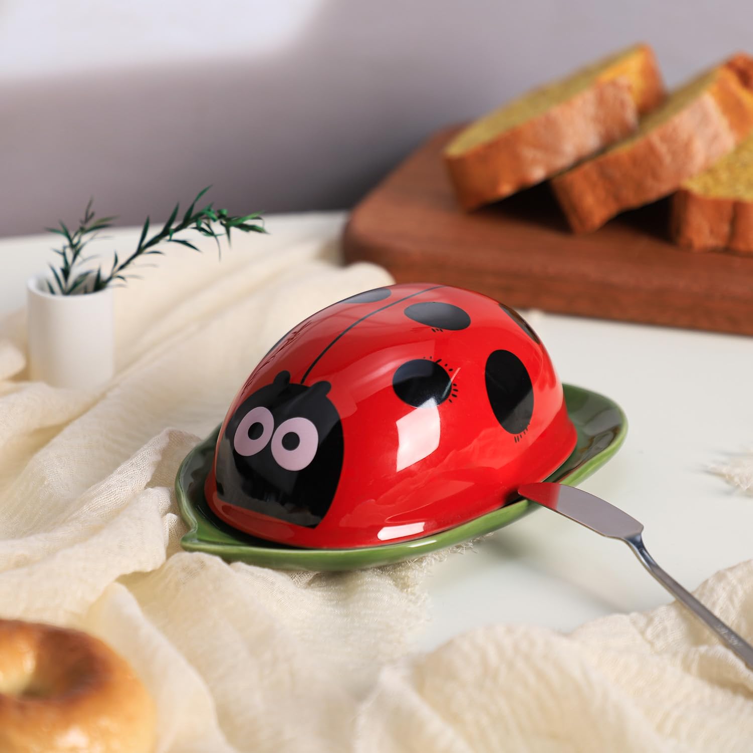 Amazon.com | Bicuzat Ceramic Ladybug and Leaf Butter Dish with Lid