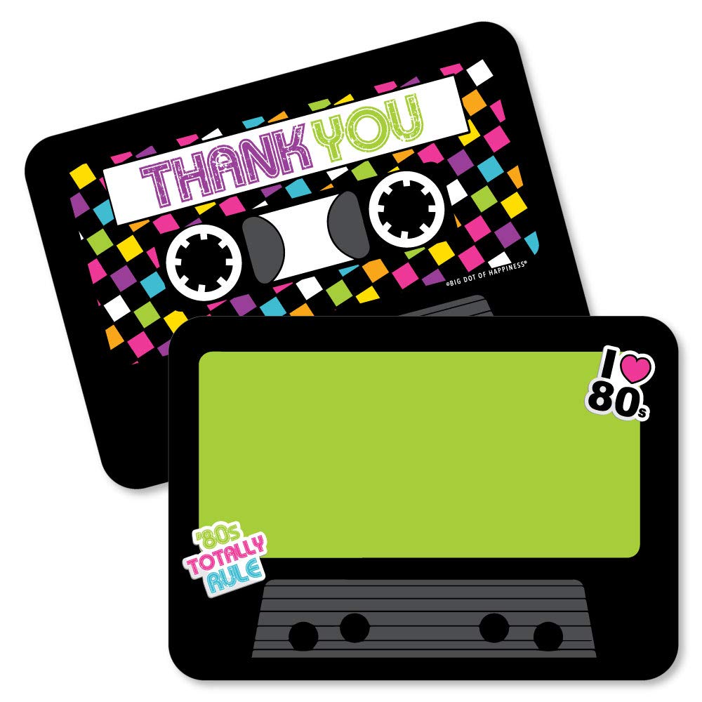 Big Dot of Happiness 80's Retro - Shaped Thank You Cards - Totally 1980s Party Thank You Note Cards with Envelopes - Set of 12