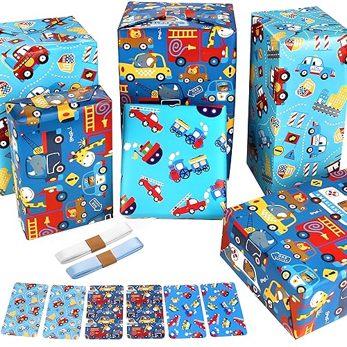 Papier Cadeau Anniversaire Enfant Garcon,Papier Cadeau Bleu Car Voiture Police Camion de Pompier Grue Ambulance Tractor Girafe éléphant Papier Emballage Cadeau Enfant...